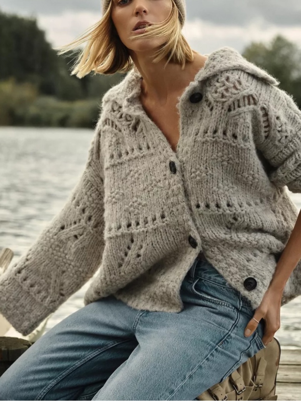 Zara Oatmeal Cardigan Sweater Wool Blend - Small